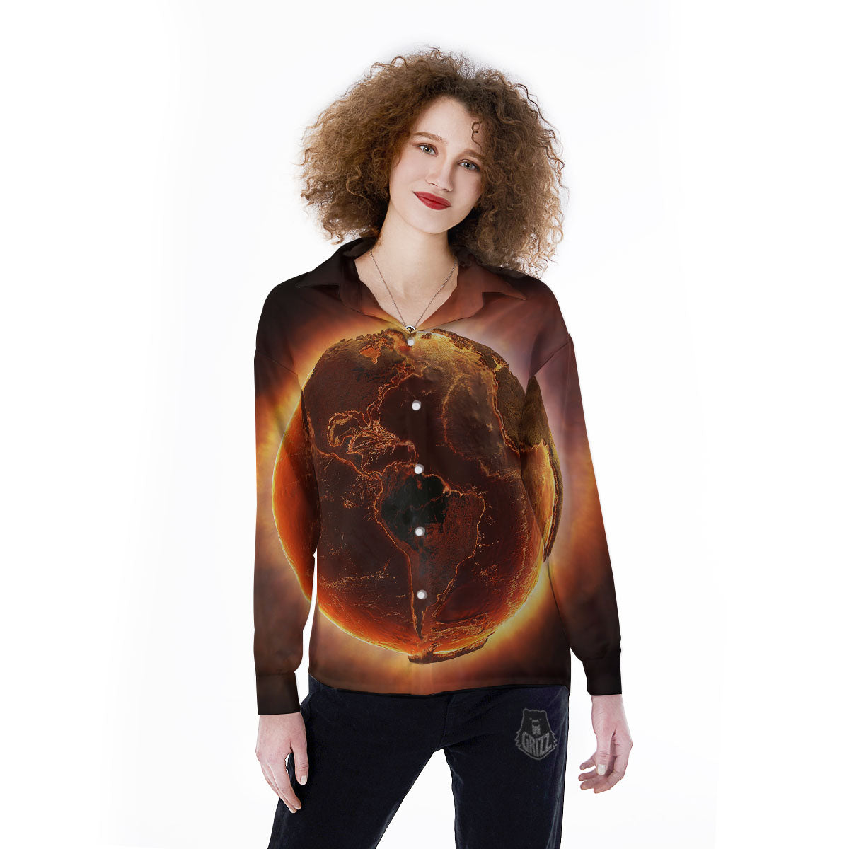 Earth Burning Print Women's Long Sleeve Shirts-grizzshop