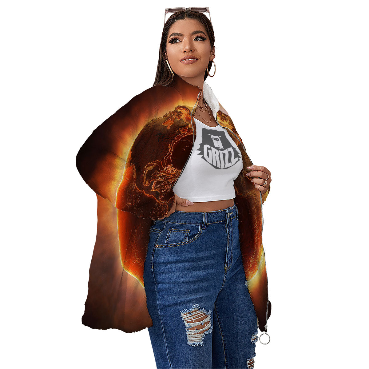Earth Burning Print Women's Sherpa Jacket-grizzshop