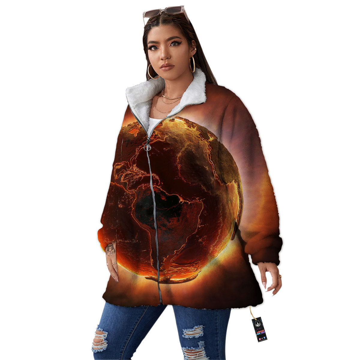 Earth Burning Print Women's Sherpa Jacket-grizzshop