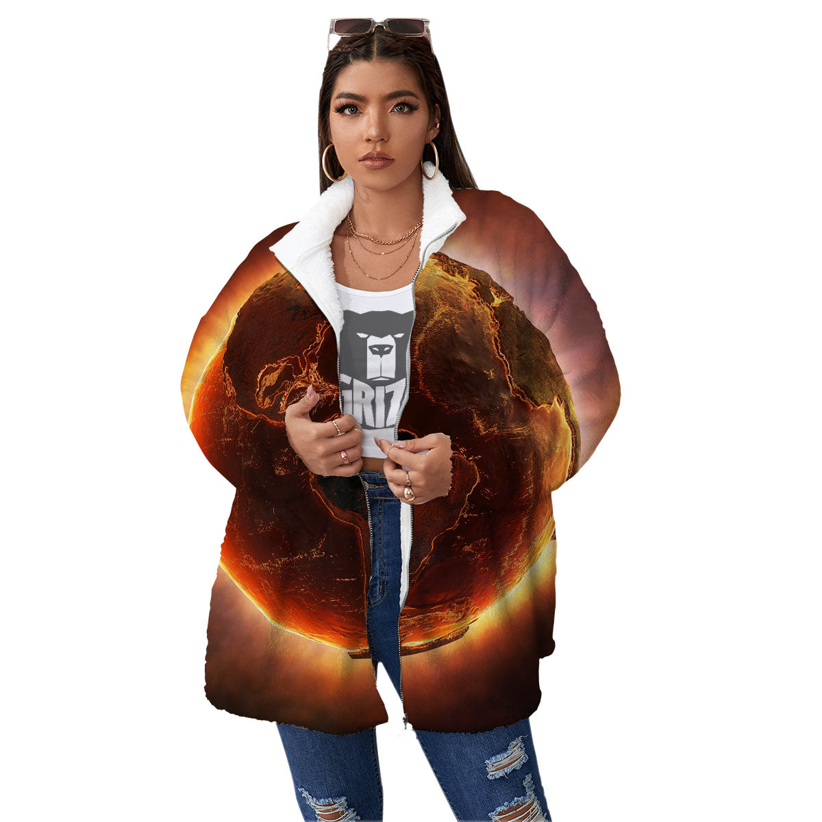 Earth Burning Print Women's Sherpa Jacket-grizzshop