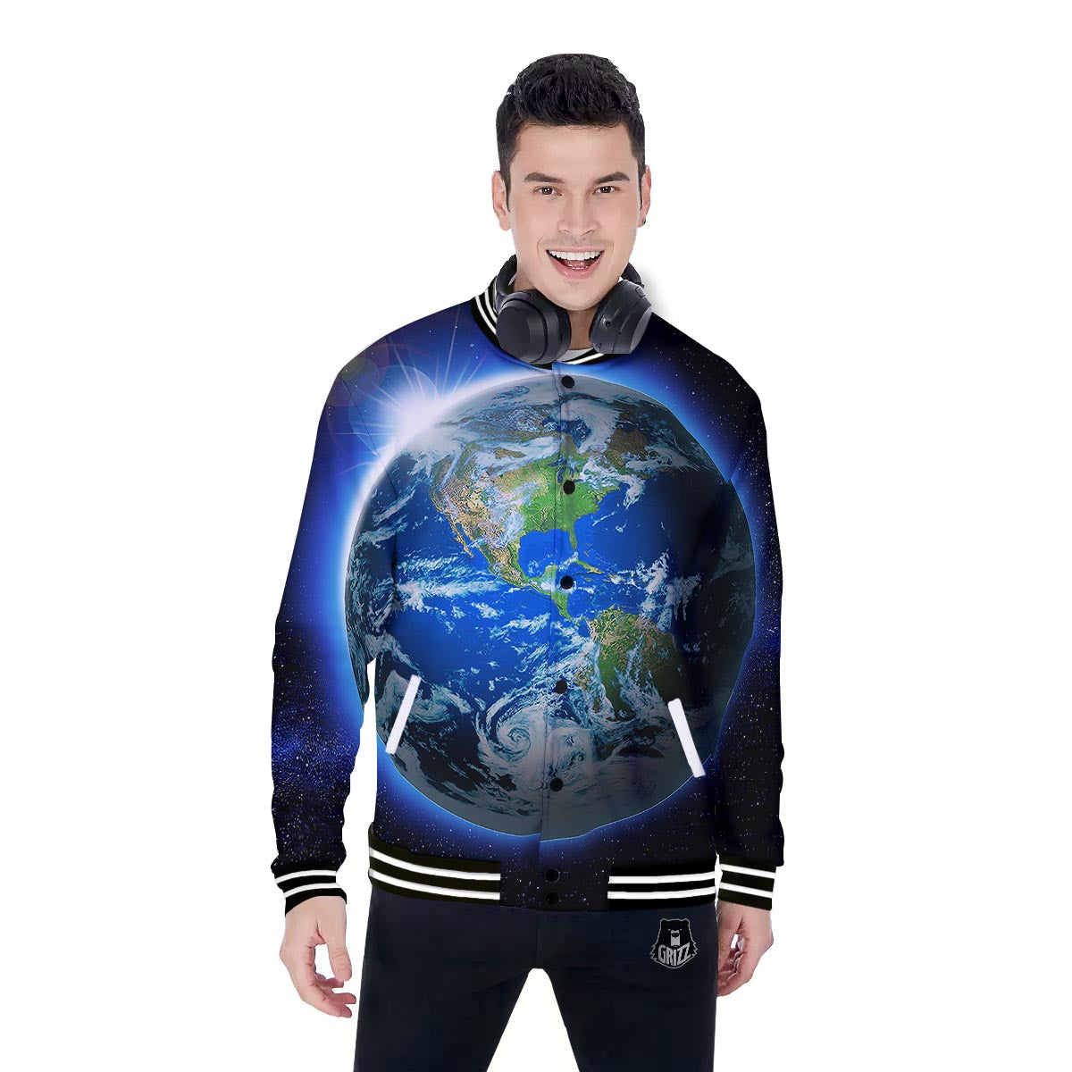 Earth Sunrise Print Baseball Jacket-grizzshop