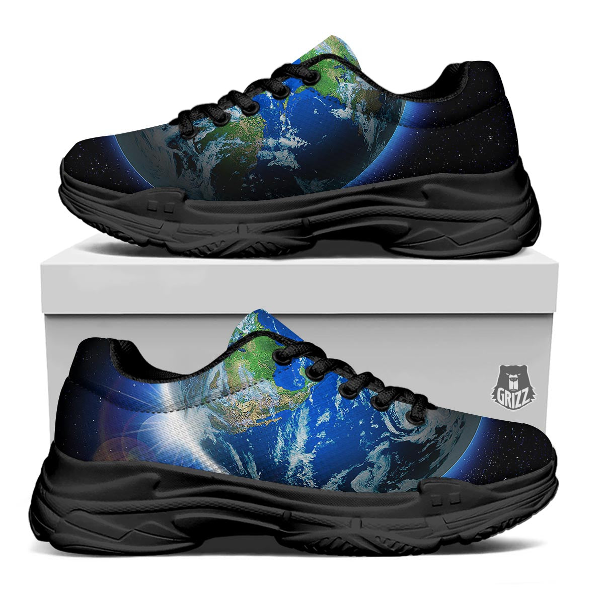 Earth Sunrise Print Black Chunky Shoes-grizzshop