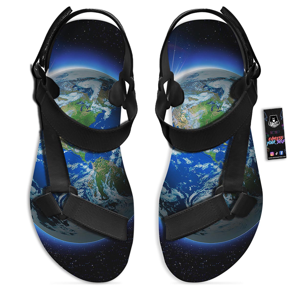 Earth Sunrise Print Black Open Toe Sandals-grizzshop