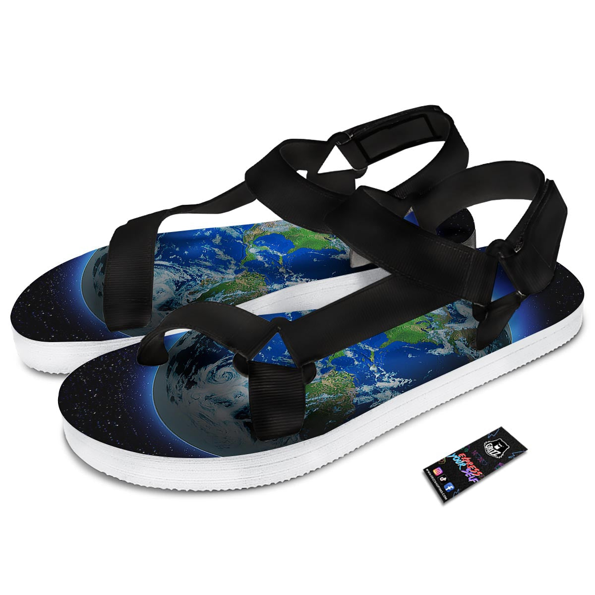 Earth Sunrise Print Black Open Toe Sandals-grizzshop