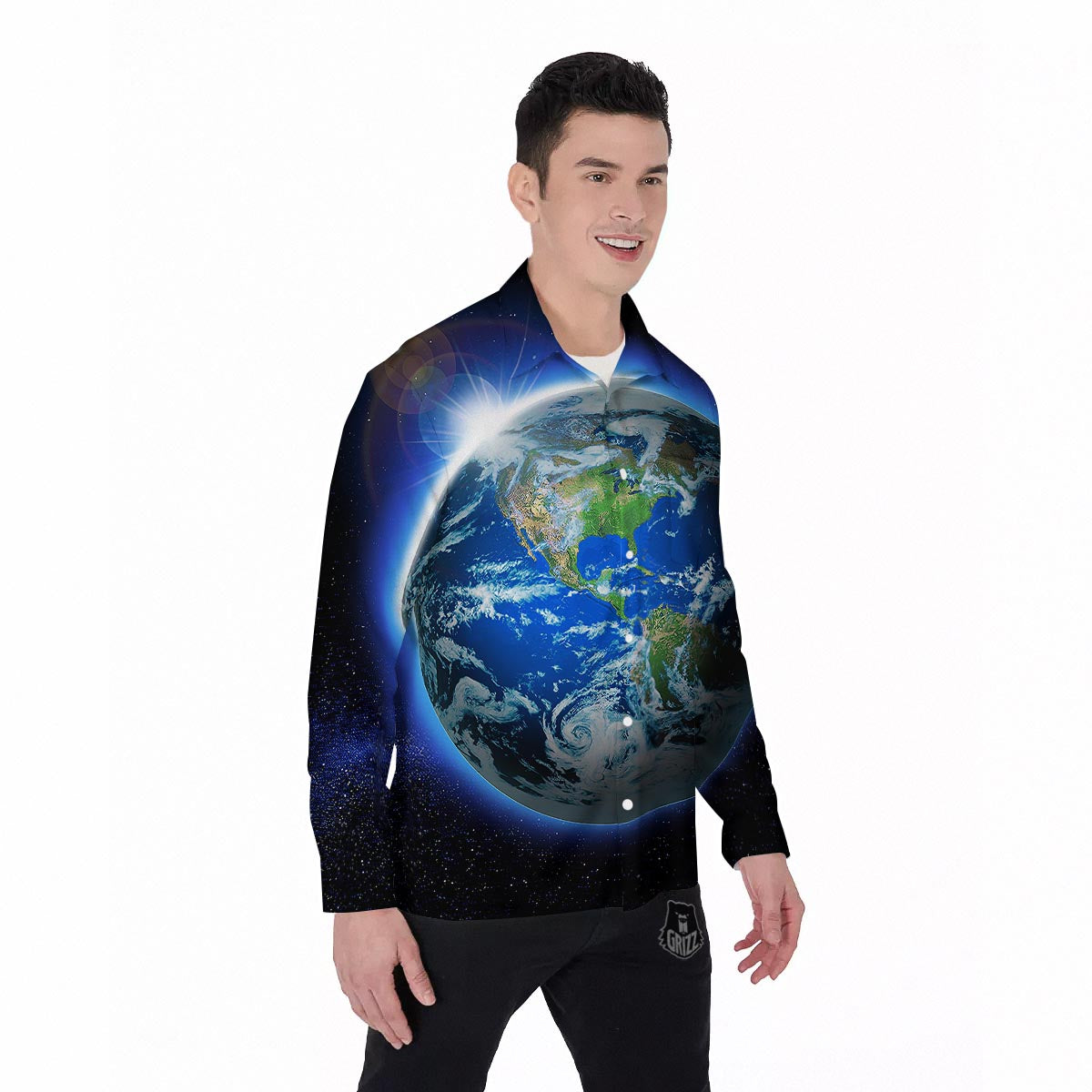 Earth Sunrise Print Men's Long Sleeve Shirts-grizzshop