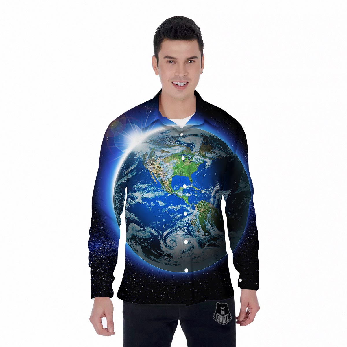 Earth Sunrise Print Men's Long Sleeve Shirts-grizzshop