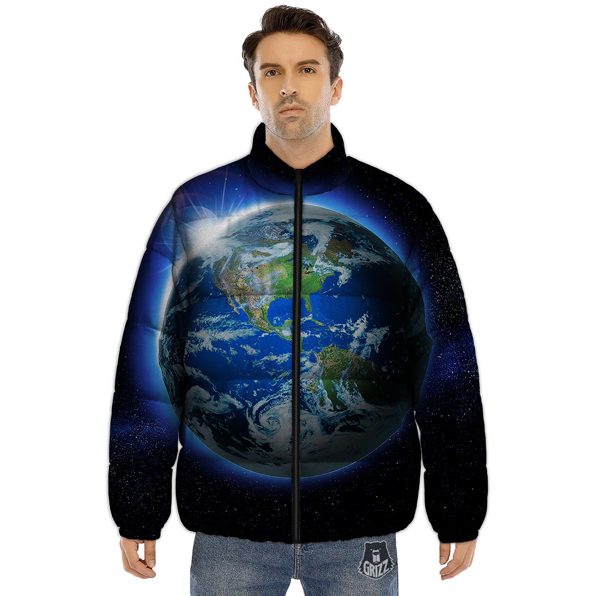 Earth Sunrise Print Puffer Jacket-grizzshop