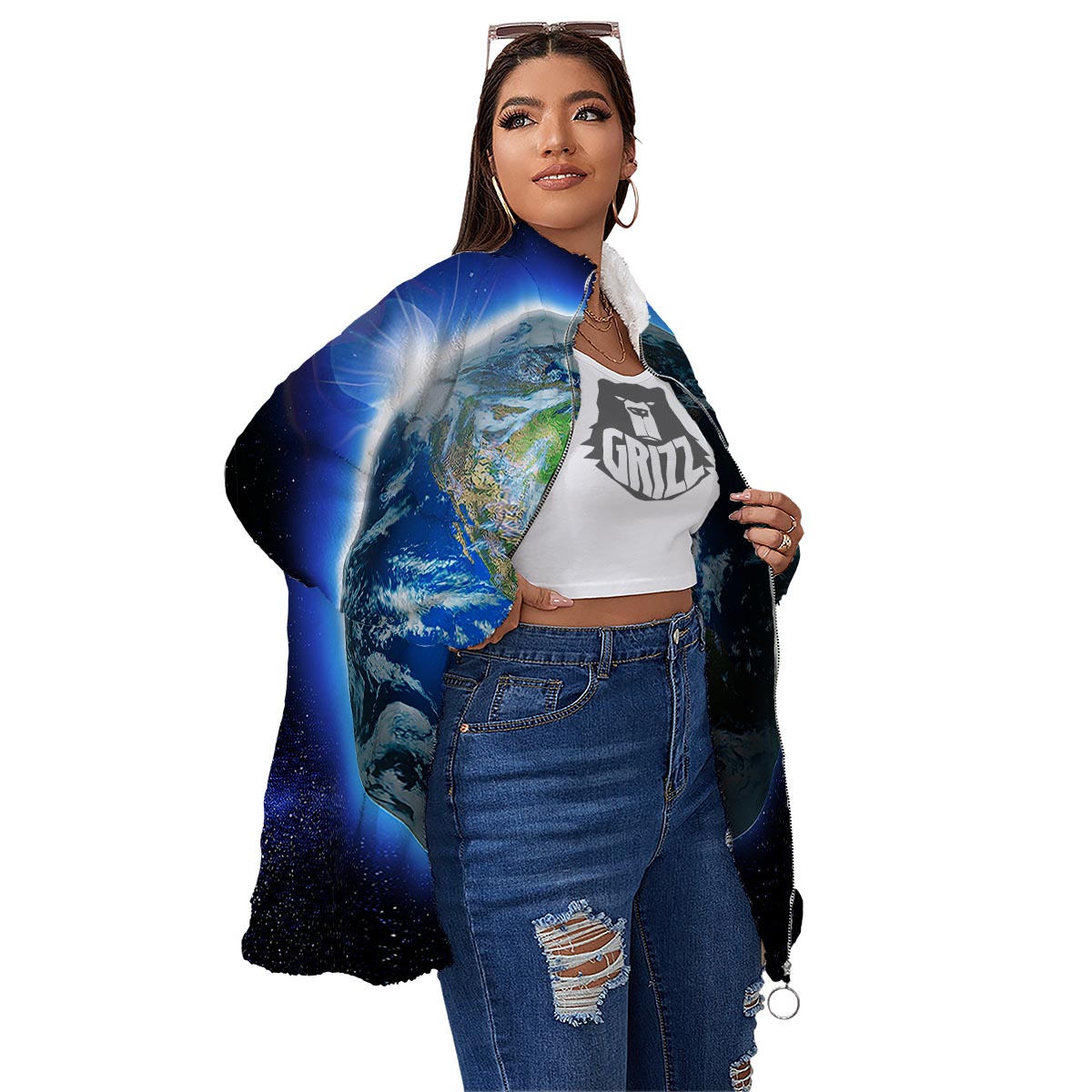Earth Sunrise Print Women's Sherpa Jacket-grizzshop