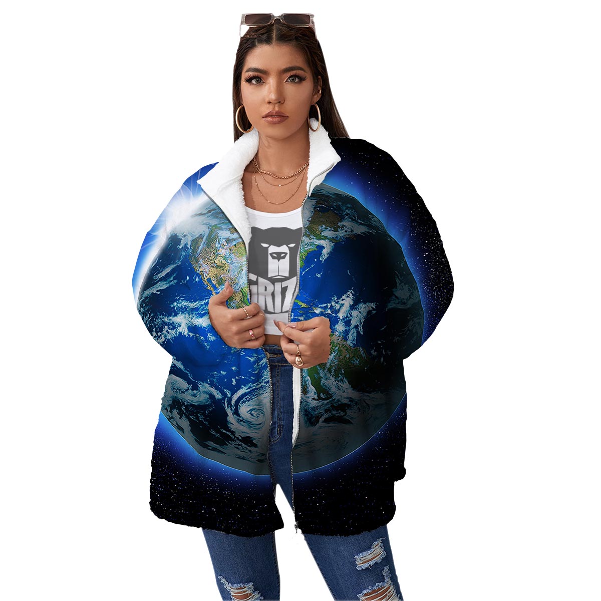 Earth Sunrise Print Women's Sherpa Jacket-grizzshop