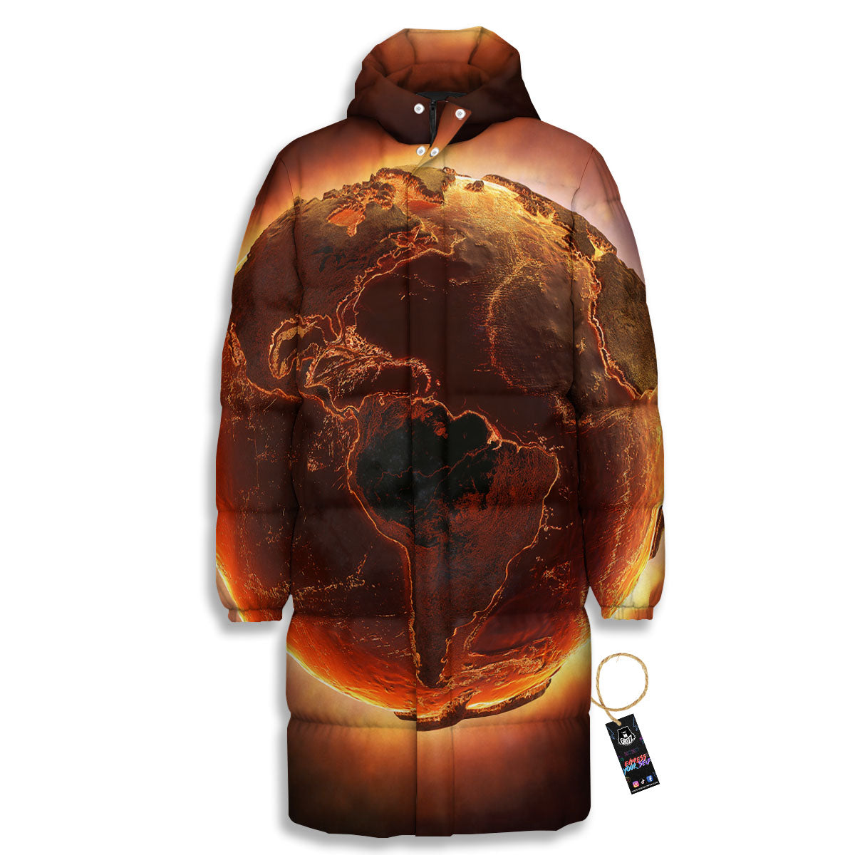 Earth Burning Print Long Down Jacket