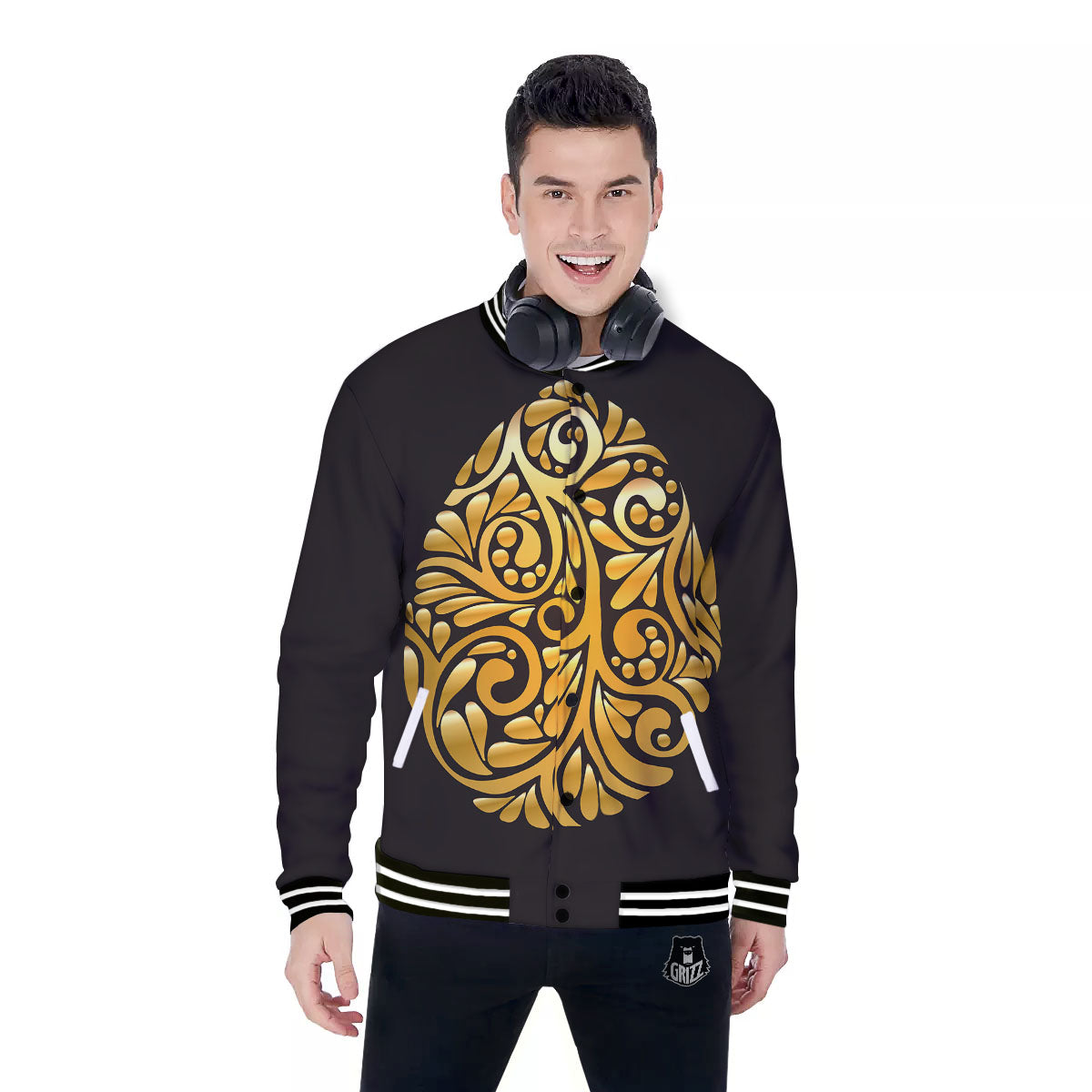 Easter Egg Gold Print Baseball Jacket-grizzshop