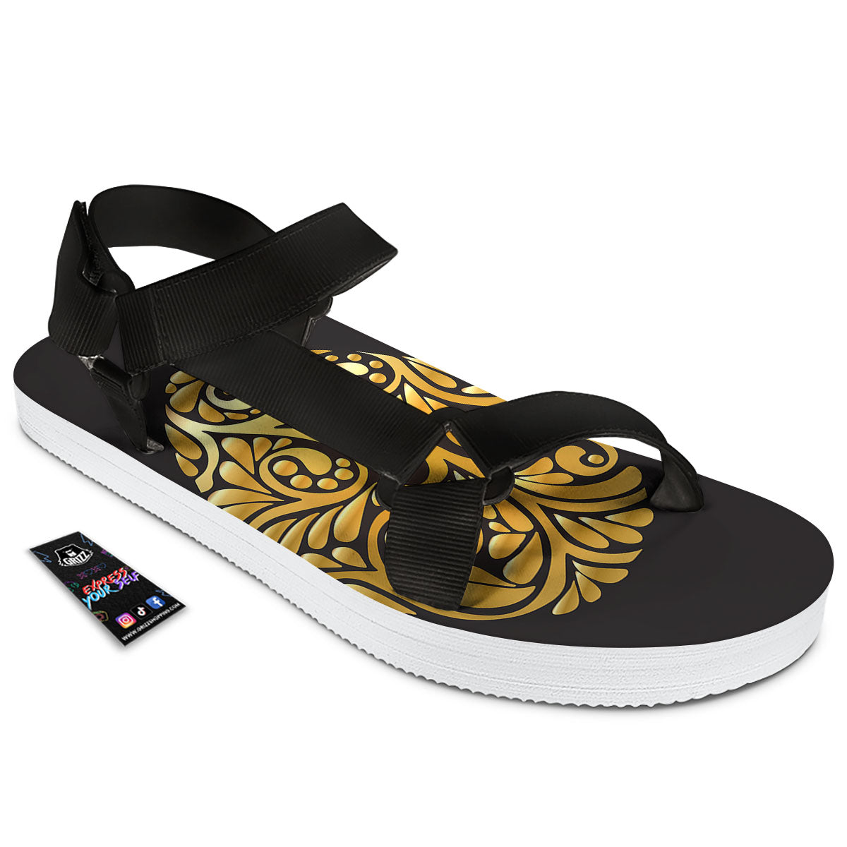 Easter Egg Gold Print Black Open Toe Sandals-grizzshop