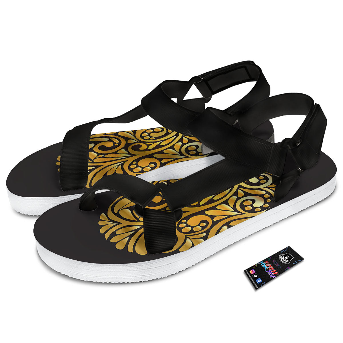 Easter Egg Gold Print Black Open Toe Sandals-grizzshop
