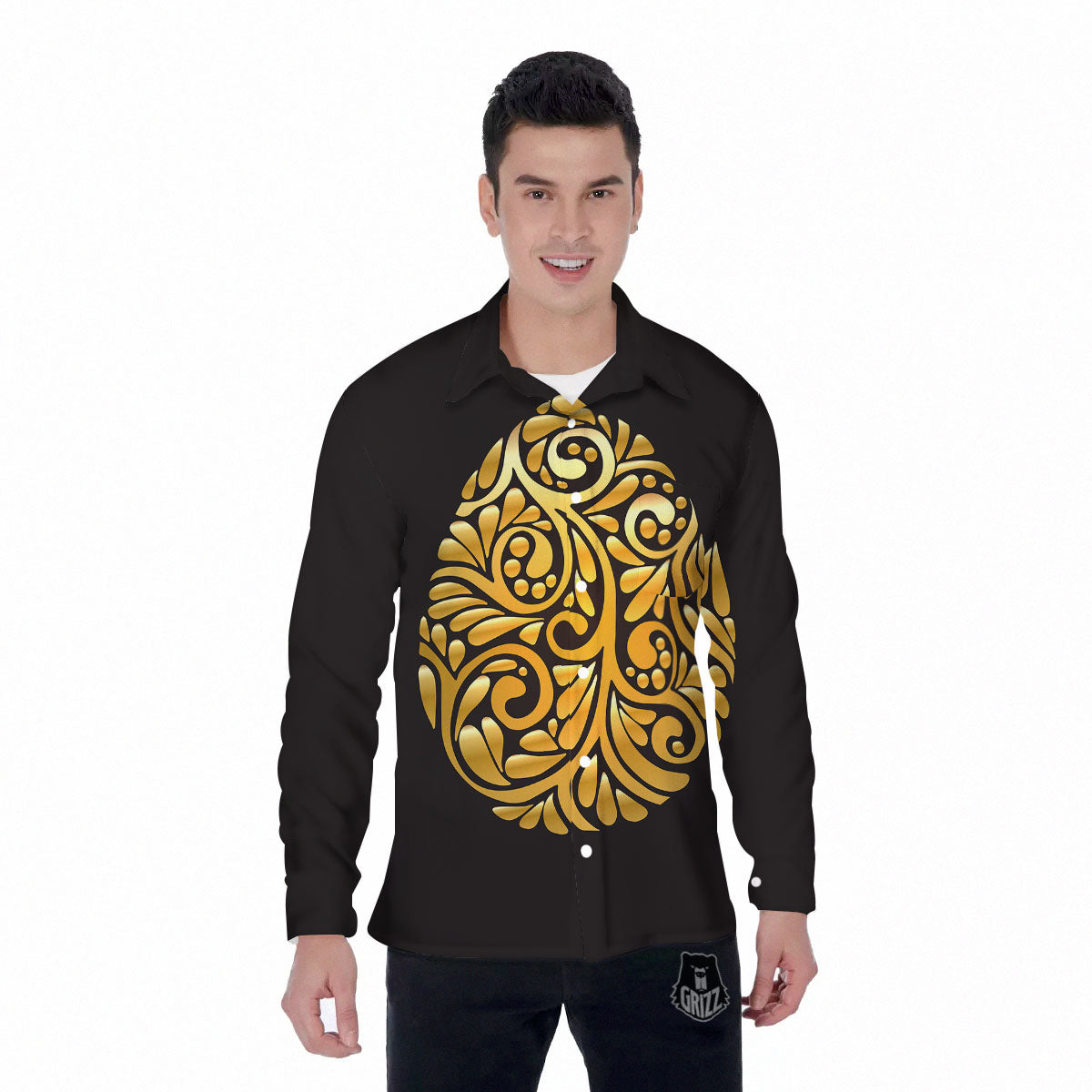 Easter Egg Gold Print Men's Long Sleeve Shirts-grizzshop