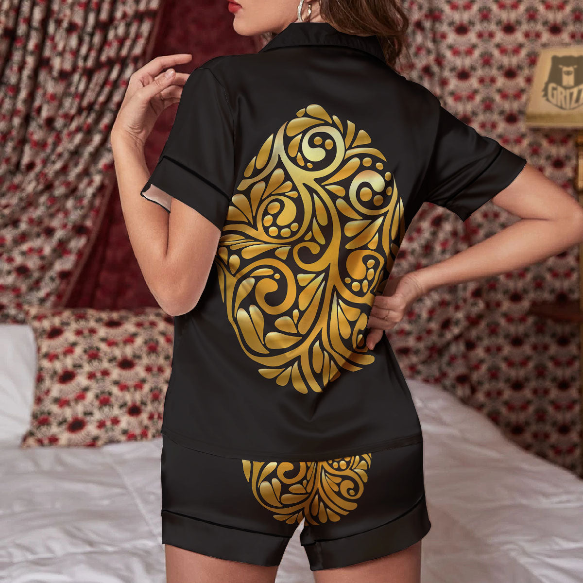 Easter Egg Gold Print Women Silk Pajamas-grizzshop