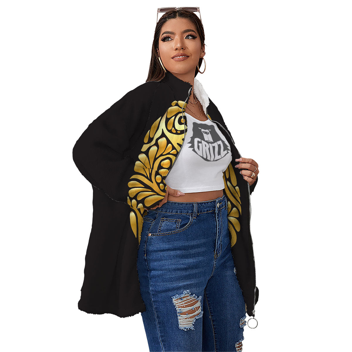 Easter Egg Gold Print Women's Sherpa Jacket-grizzshop