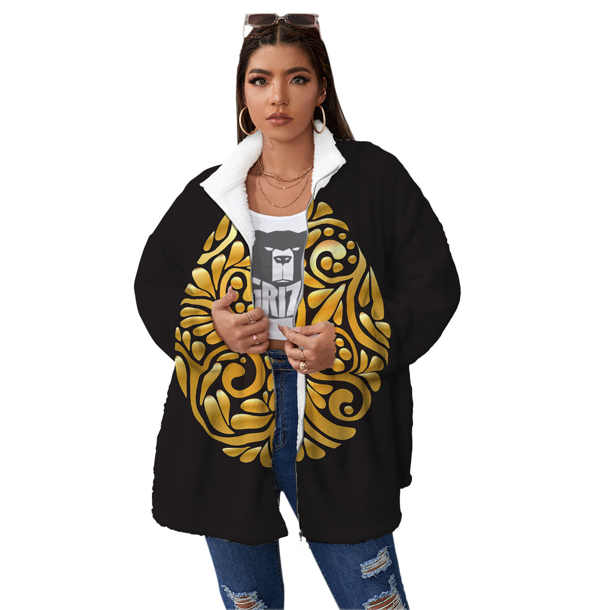 Easter Egg Gold Print Women's Sherpa Jacket-grizzshop