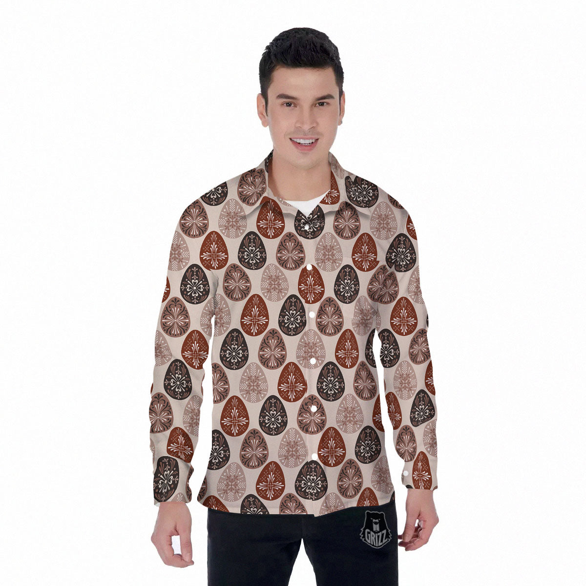 Easter Eggs Bohemian Print Pattern Men's Long Sleeve Shirts-grizzshop