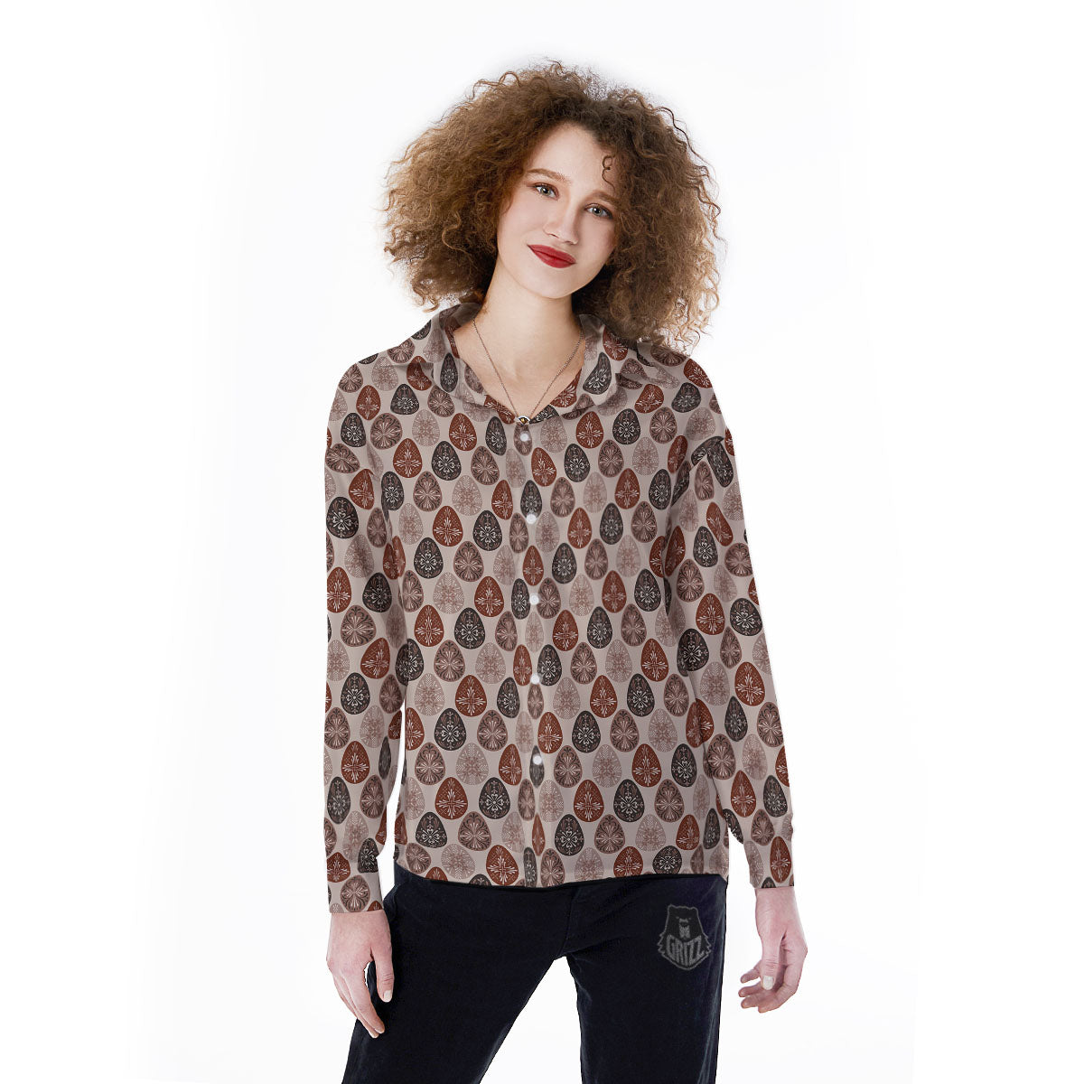 Easter Eggs Bohemian Print Pattern Women's Long Sleeve Shirts-grizzshop