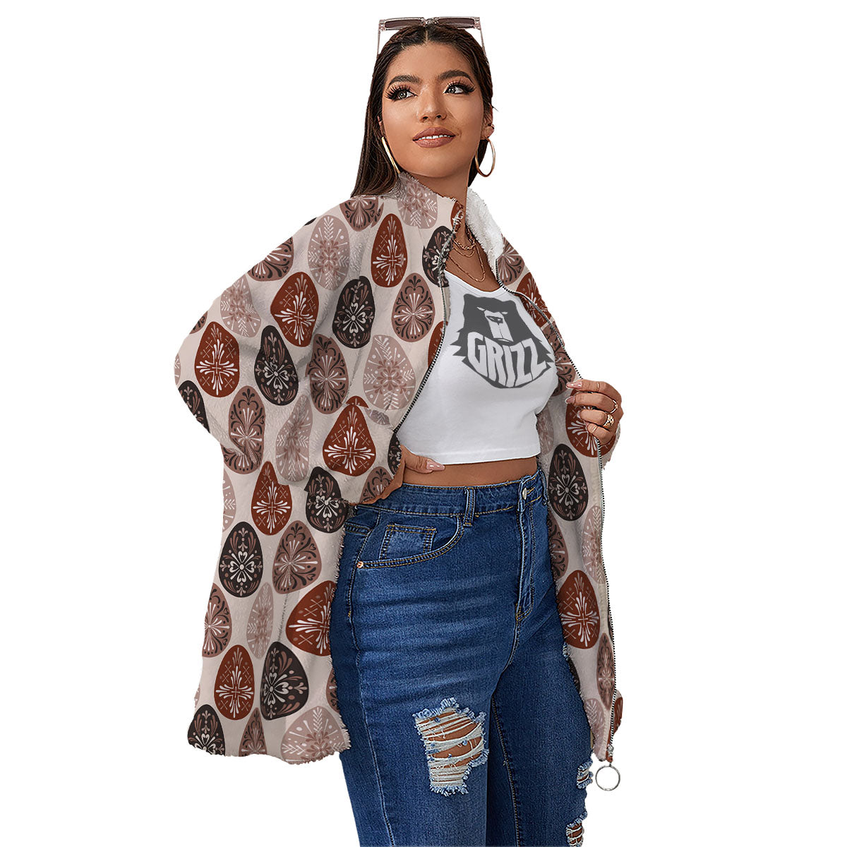Easter Eggs Bohemian Print Pattern Women's Sherpa Jacket-grizzshop