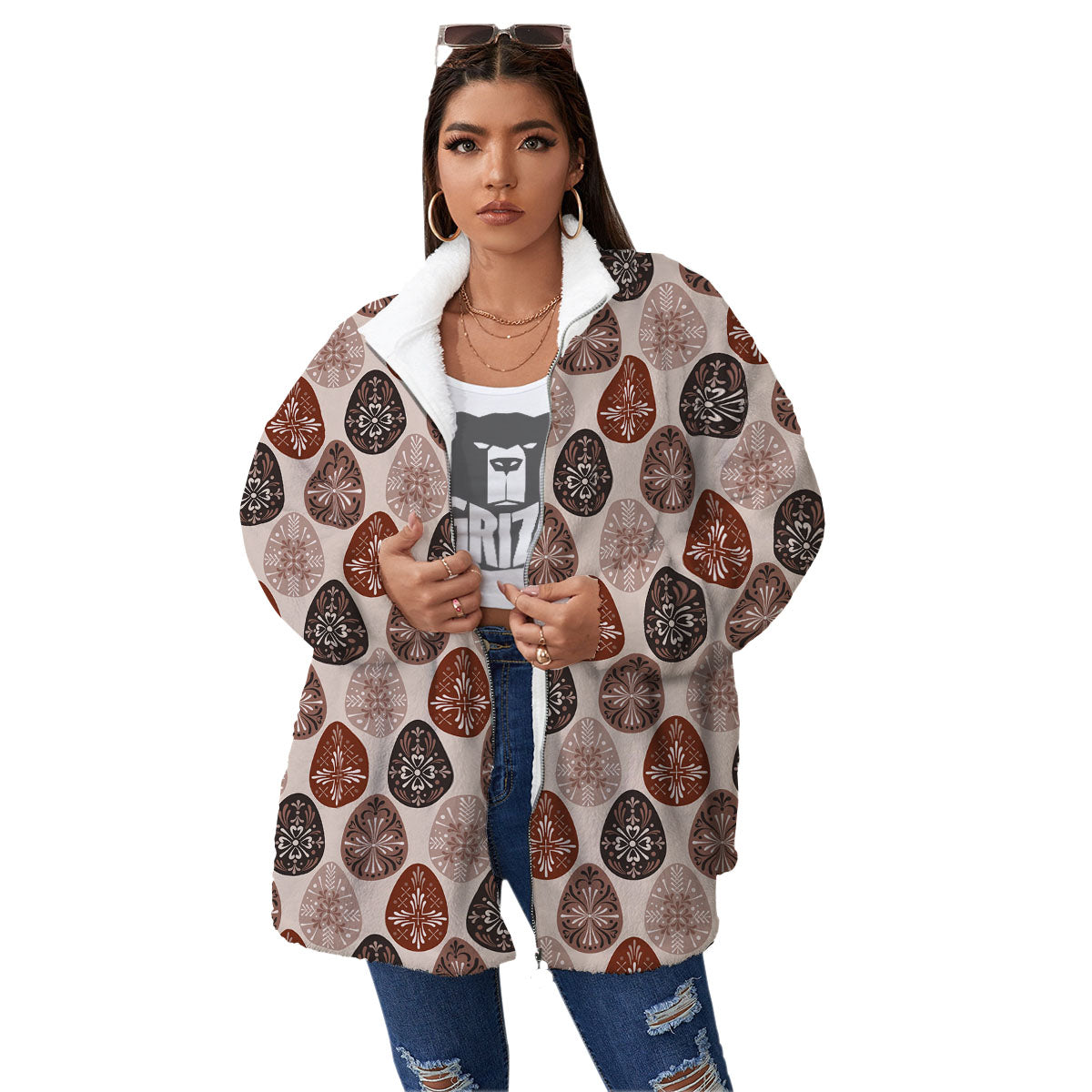 Easter Eggs Bohemian Print Pattern Women's Sherpa Jacket-grizzshop