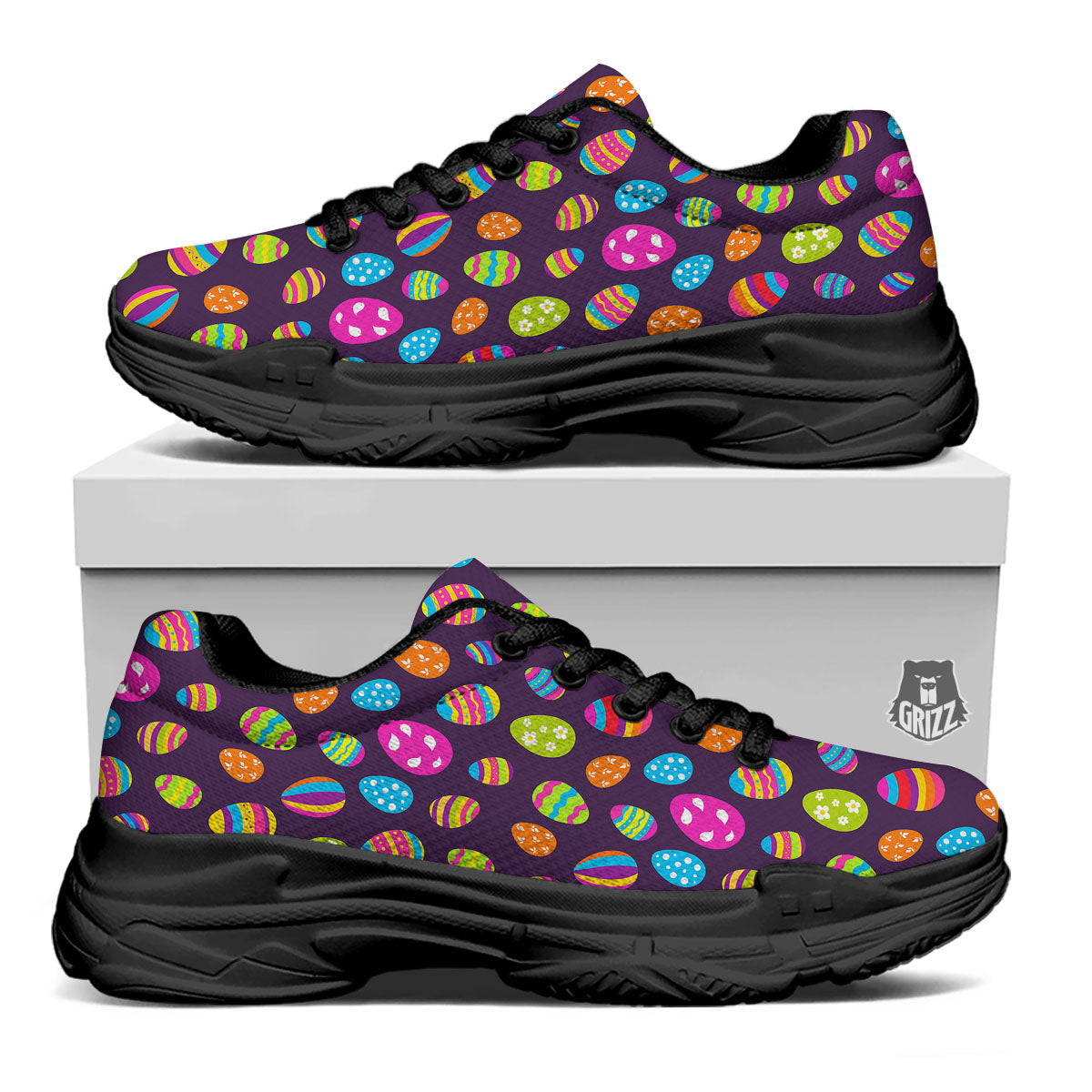 Easter Eggs Colorful Cute Print Pattern Black Chunky Shoes-grizzshop