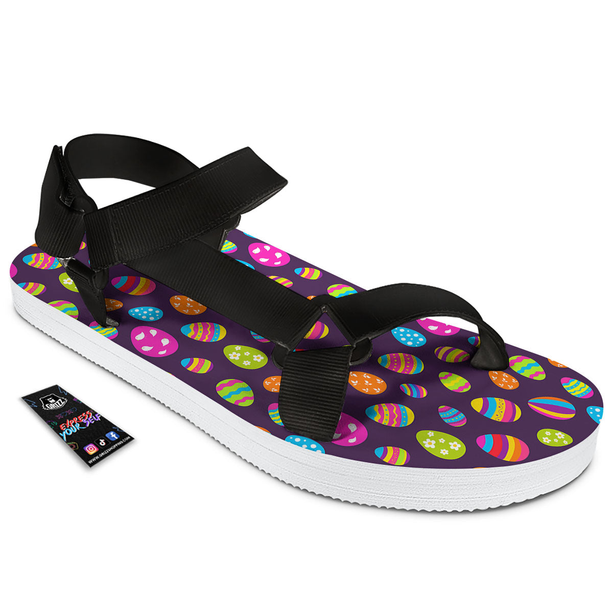 Easter Eggs Colorful Cute Print Pattern Black Open Toe Sandals-grizzshop