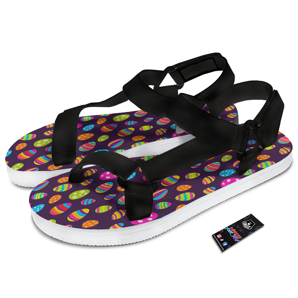 Easter Eggs Colorful Cute Print Pattern Black Open Toe Sandals-grizzshop