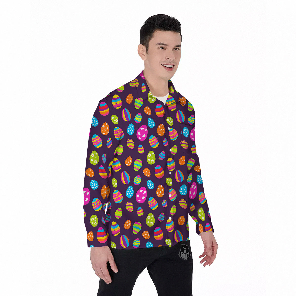 Easter Eggs Colorful Cute Print Pattern Men's Long Sleeve Shirts-grizzshop
