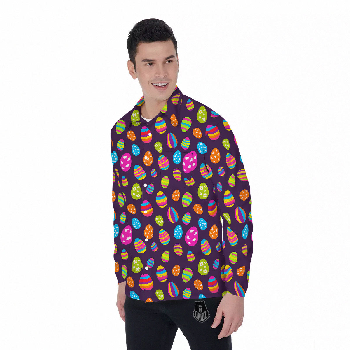 Easter Eggs Colorful Cute Print Pattern Men's Long Sleeve Shirts-grizzshop