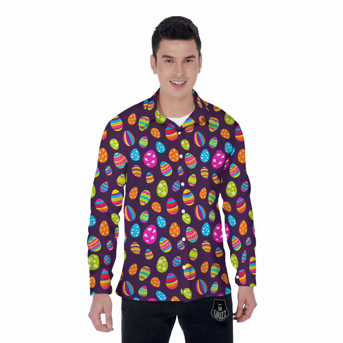 Easter Eggs Colorful Cute Print Pattern Men's Long Sleeve Shirts-grizzshop