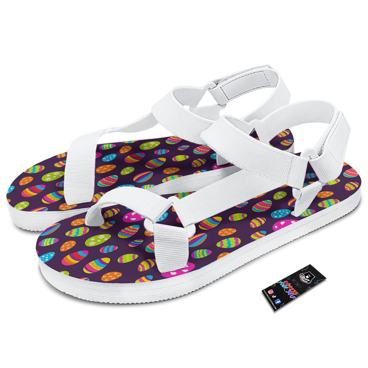 Easter Eggs Colorful Cute Print Pattern White Open Toe Sandals-grizzshop