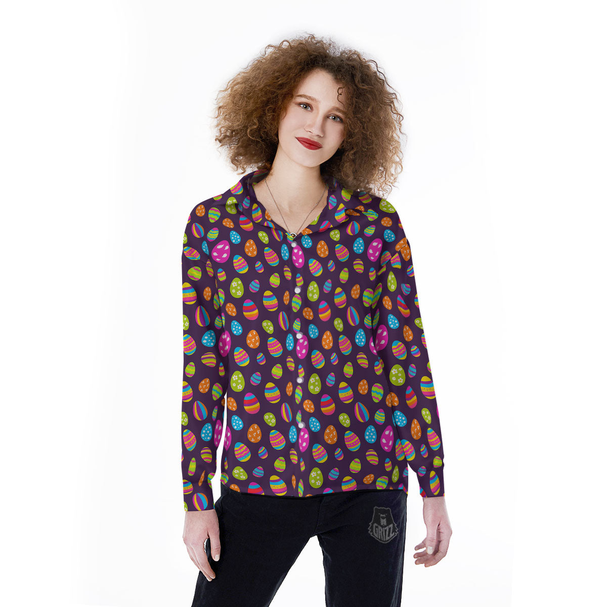Easter Eggs Colorful Cute Print Pattern Women's Long Sleeve Shirts-grizzshop