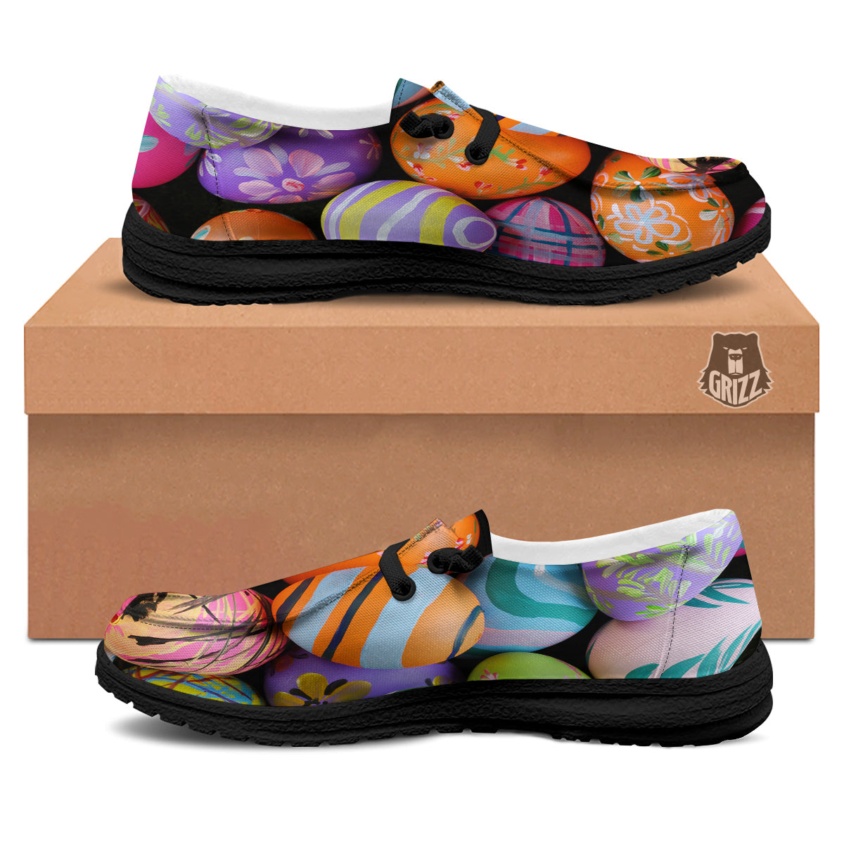 Easter Eggs Colorful Print Black Loafers-grizzshop