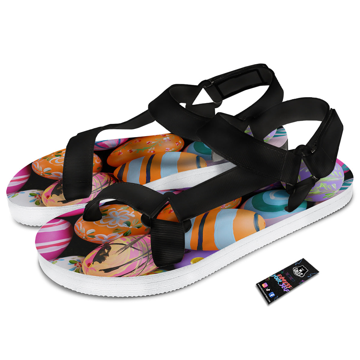 Easter Eggs Colorful Print Black Open Toe Sandals-grizzshop