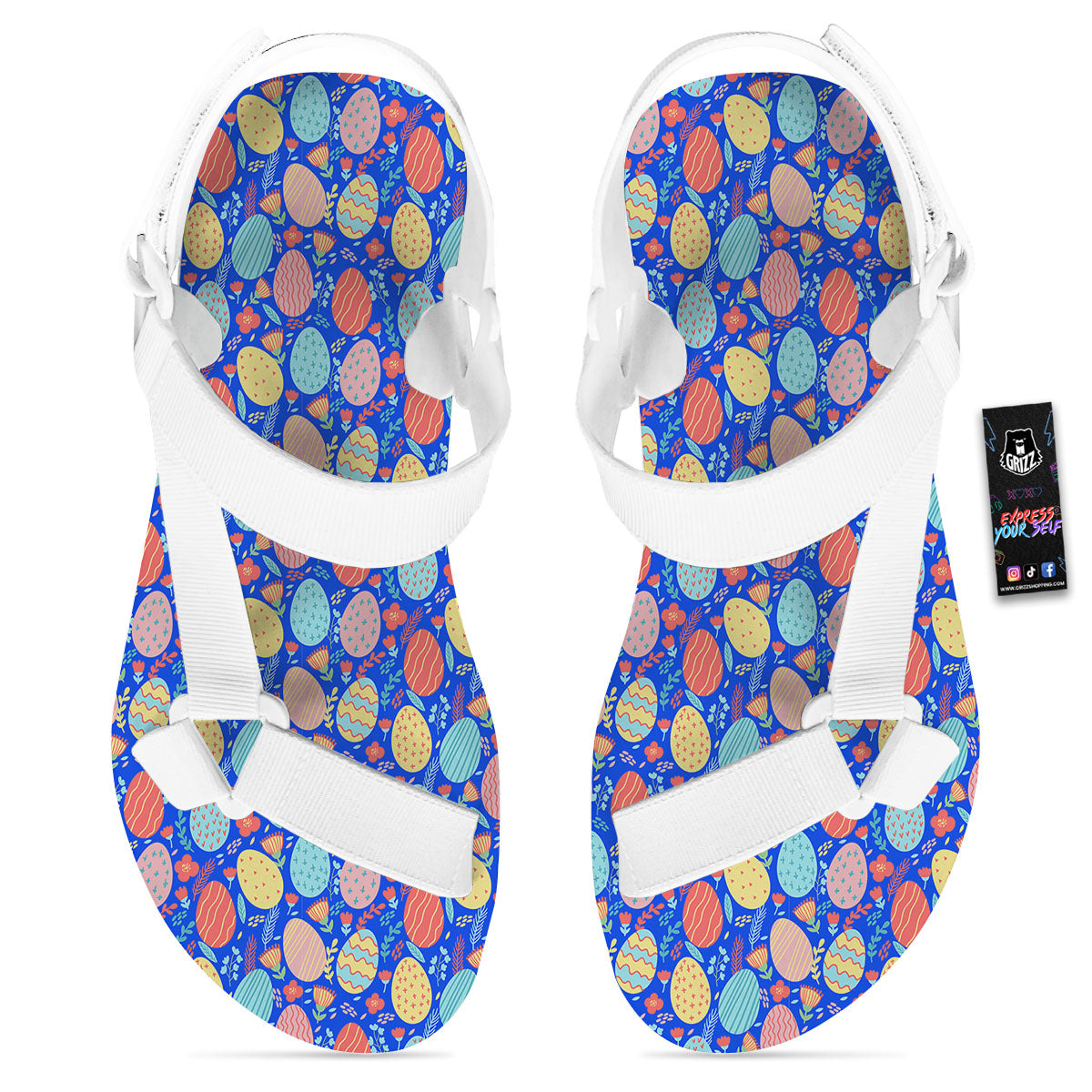Easter Eggs Colorful Print Pattern White Open Toe Sandals-grizzshop