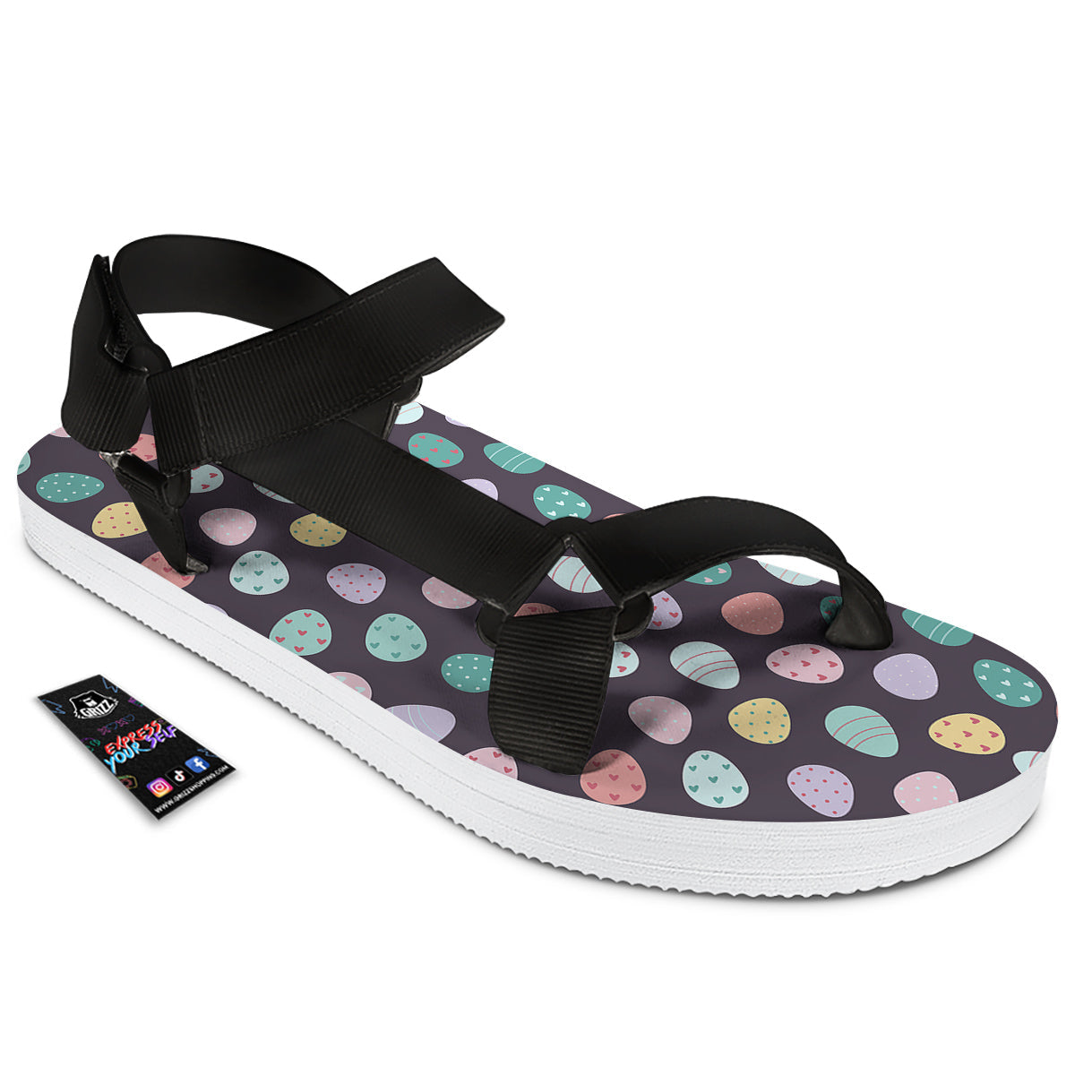 Easter Eggs Cute Print Pattern Black Open Toe Sandals-grizzshop