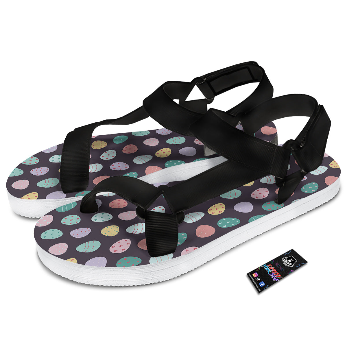 Easter Eggs Cute Print Pattern Black Open Toe Sandals-grizzshop