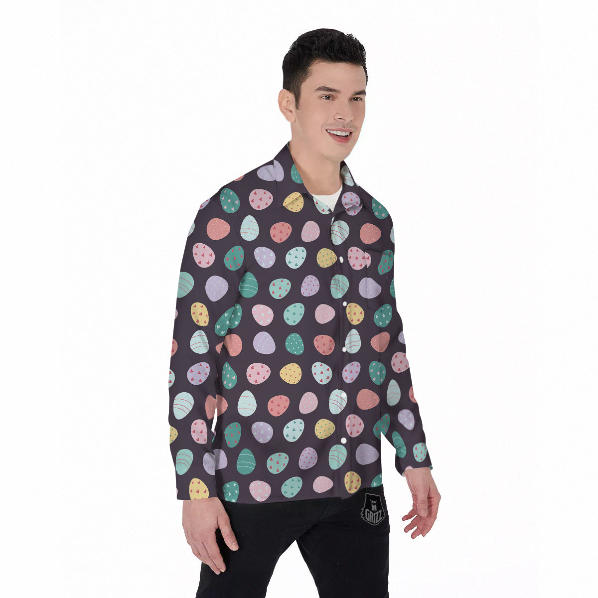 Easter Eggs Cute Print Pattern Men's Long Sleeve Shirts-grizzshop