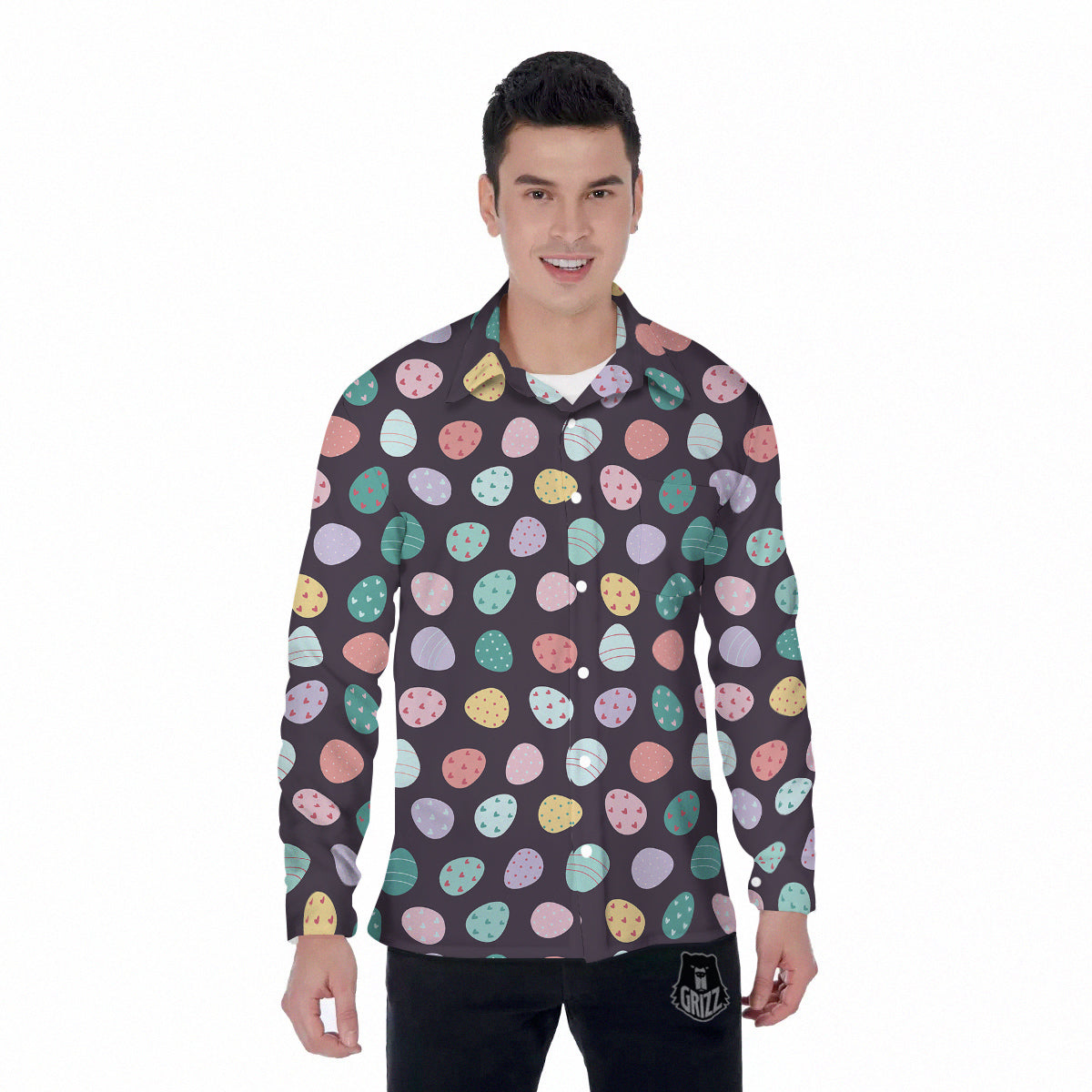 Easter Eggs Cute Print Pattern Men's Long Sleeve Shirts-grizzshop