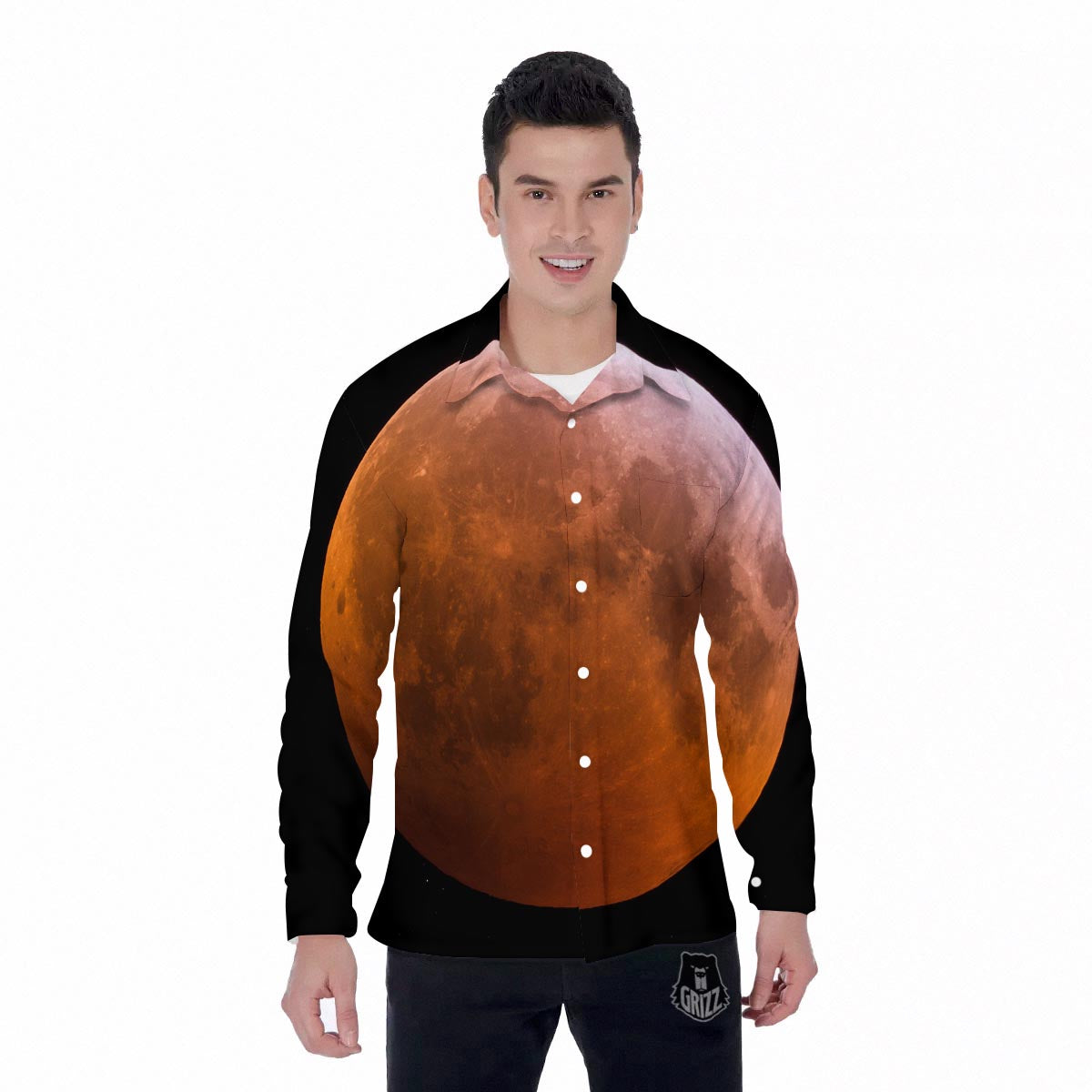 Eclipse Total Lunar Print Men's Long Sleeve Shirts-grizzshop