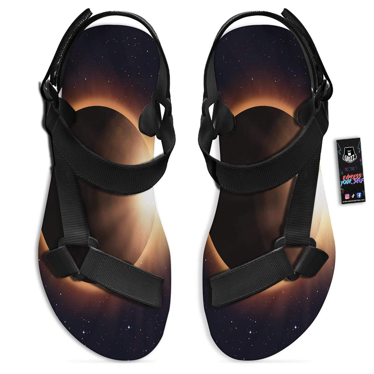 Eclipse Total Solar Print Black Open Toe Sandals-grizzshop