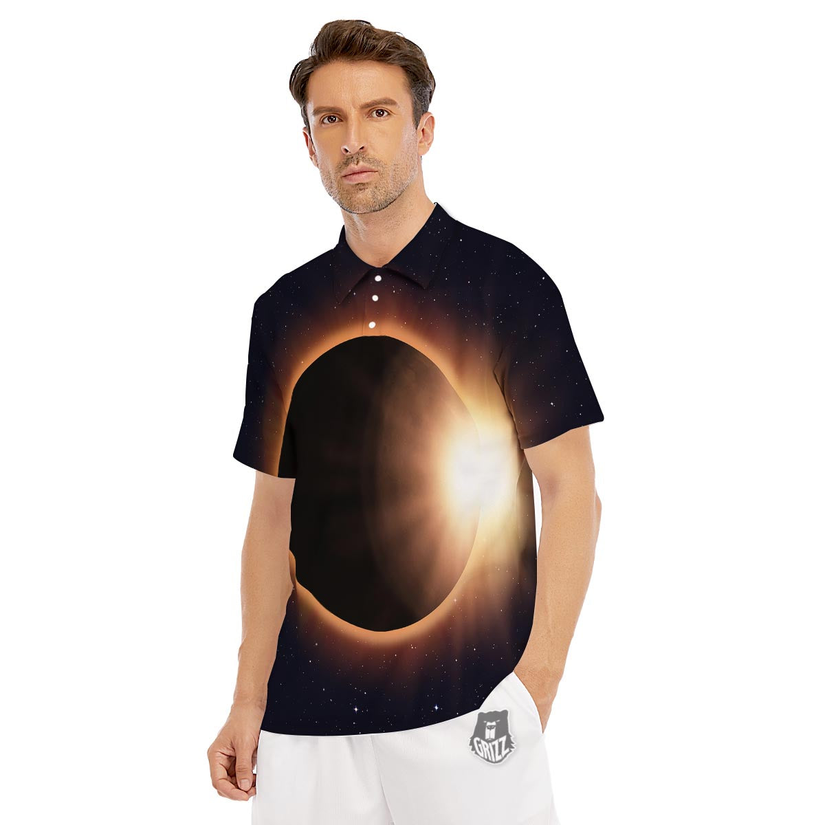 Eclipse Total Solar Print Men's Golf Shirts-grizzshop