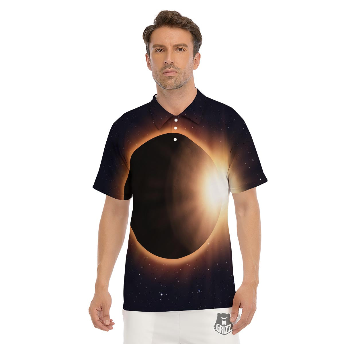 Eclipse Total Solar Print Men's Golf Shirts-grizzshop