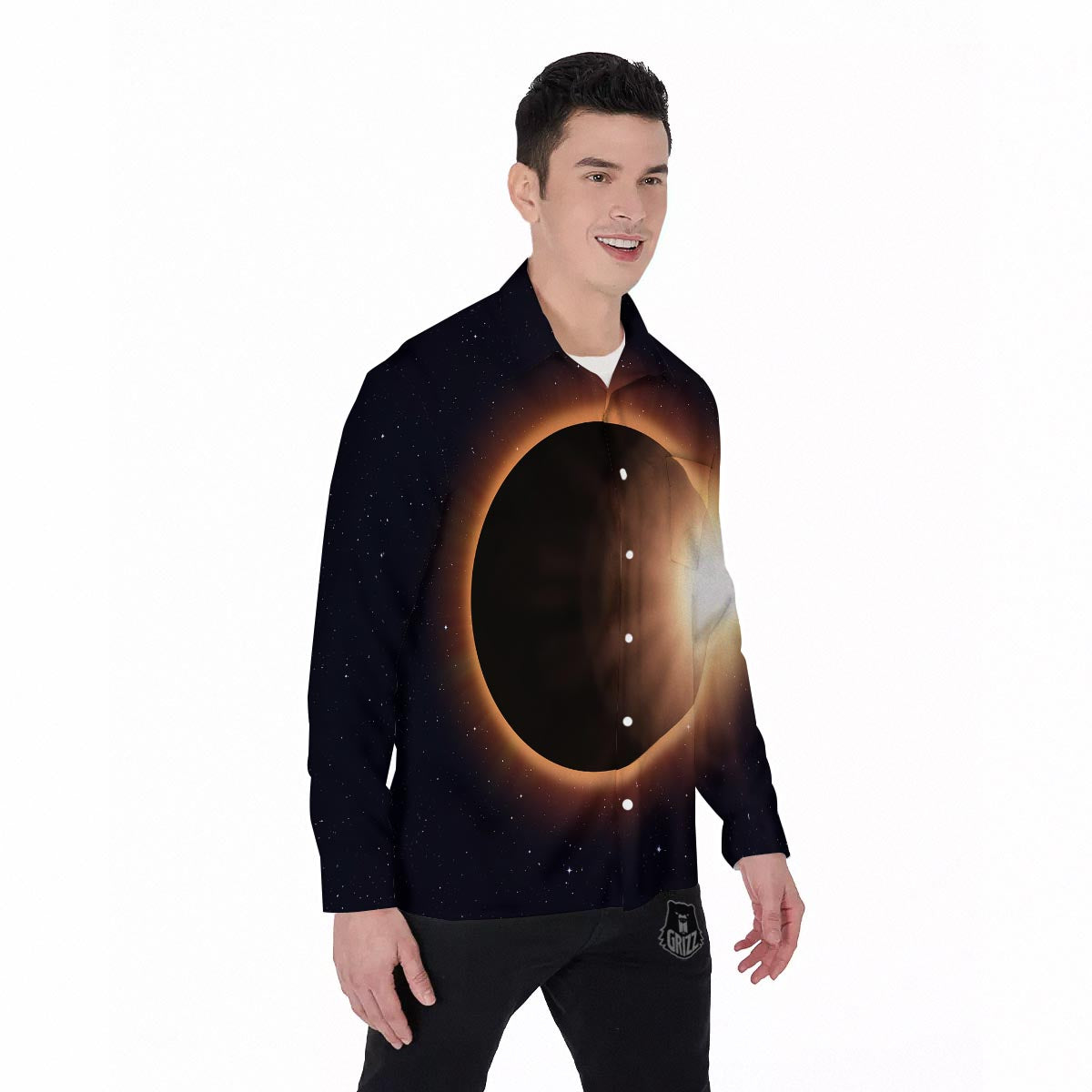 Eclipse Total Solar Print Men's Long Sleeve Shirts-grizzshop