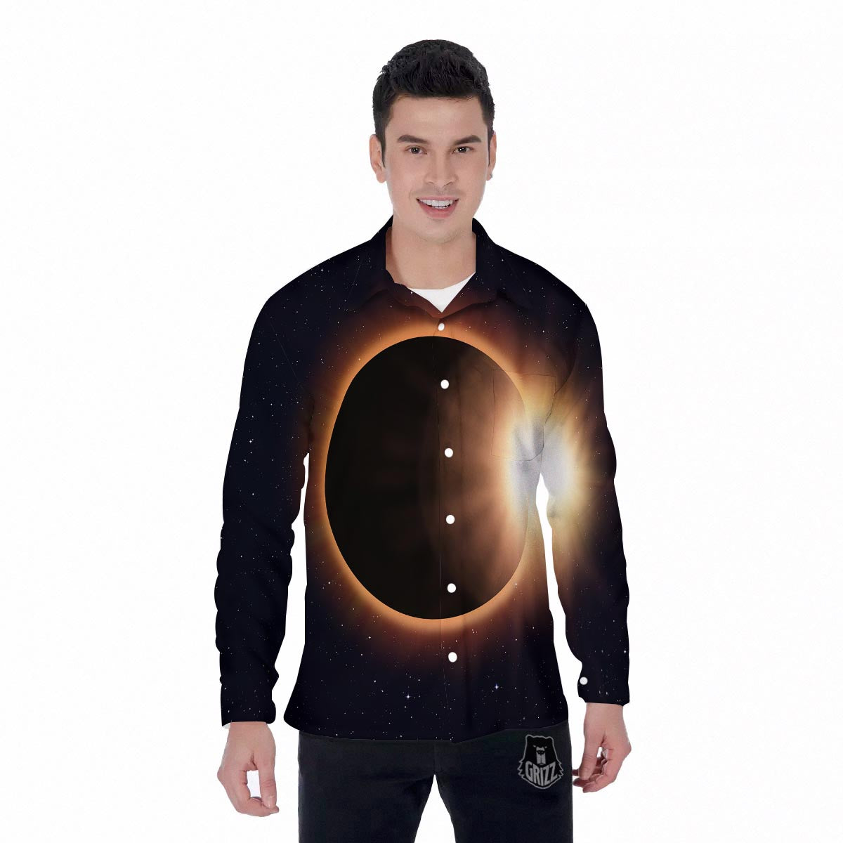 Eclipse Total Solar Print Men's Long Sleeve Shirts-grizzshop