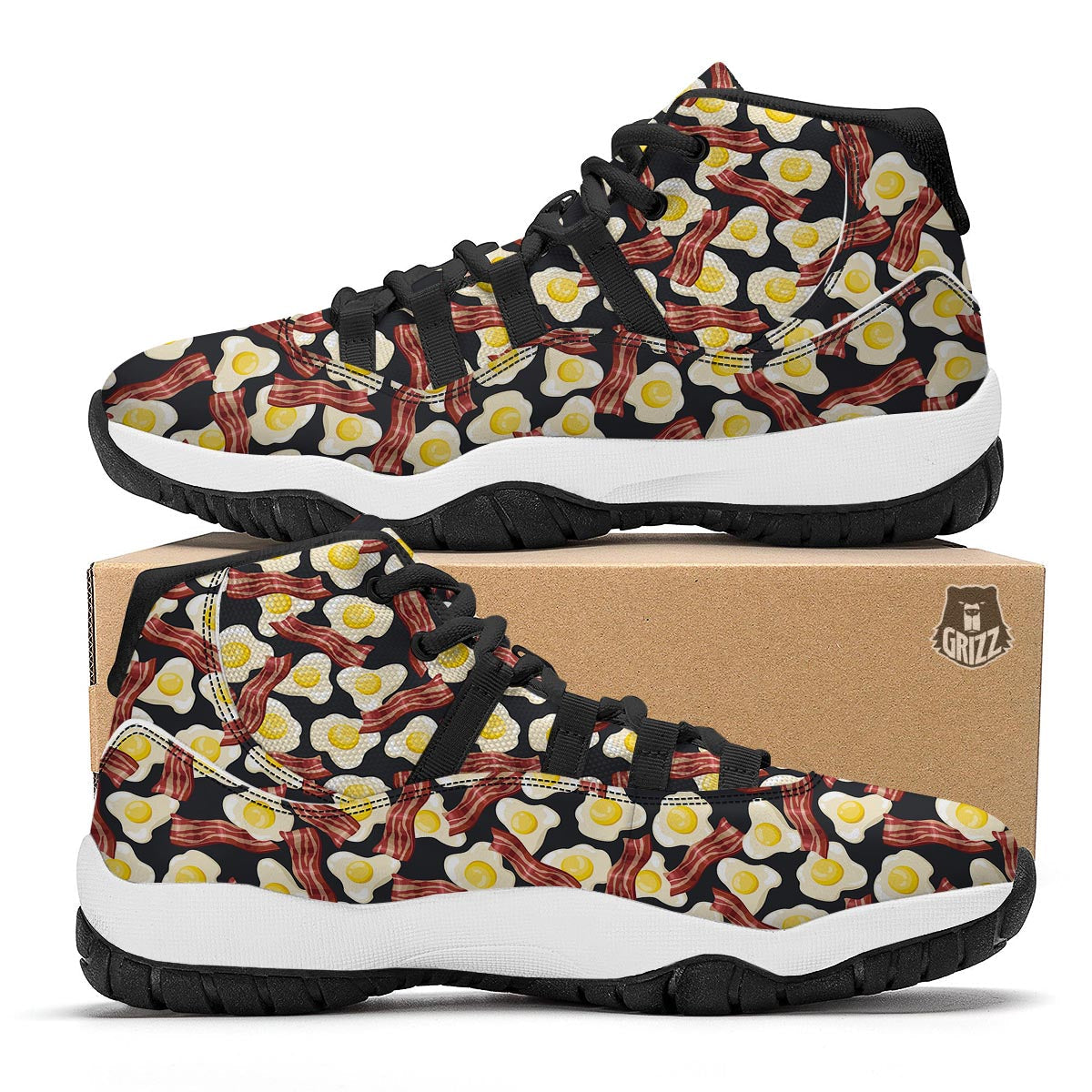 Egg Bacon Pattern Print Black Bball Shoes-grizzshop