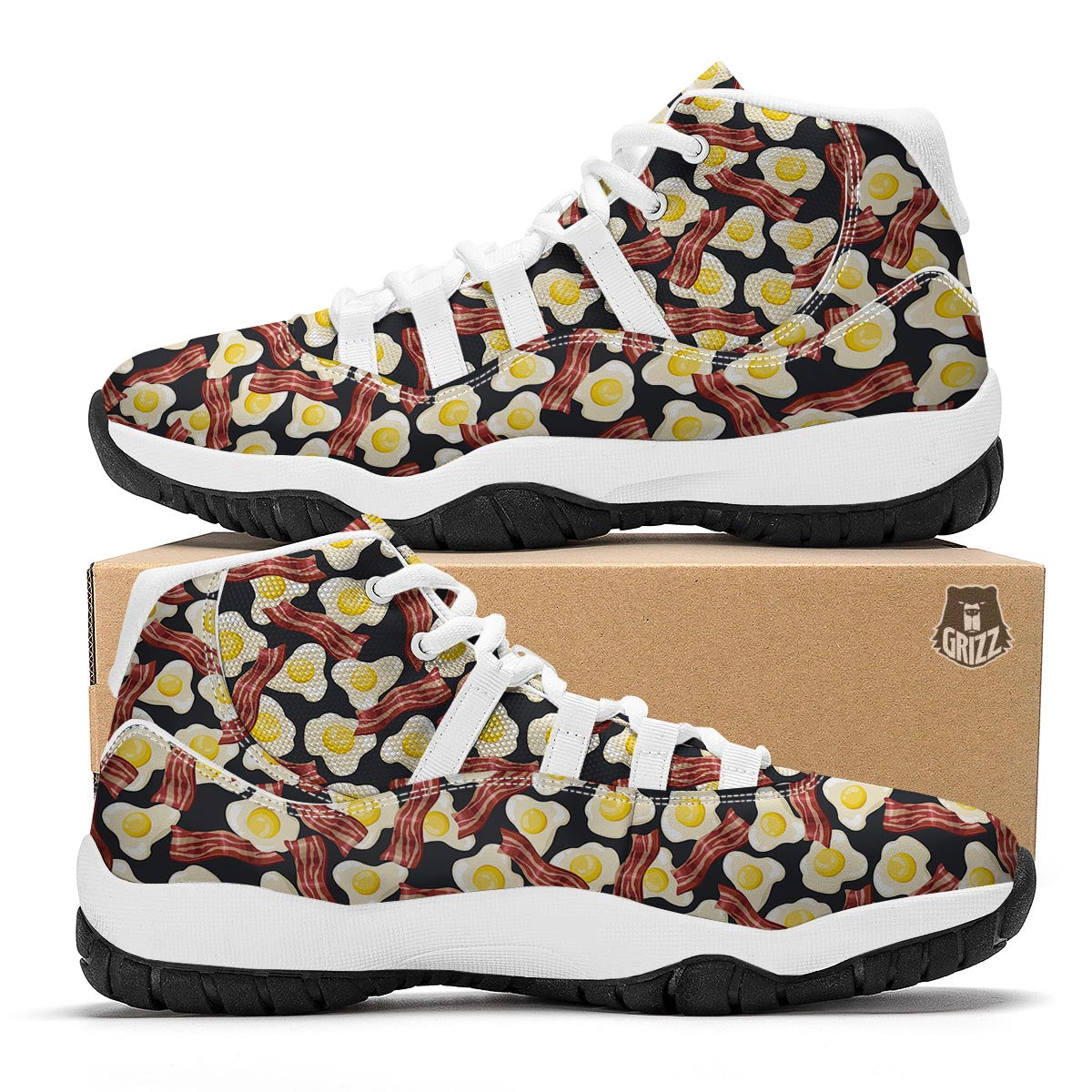 Egg Bacon Pattern Print White Bball Shoes-grizzshop