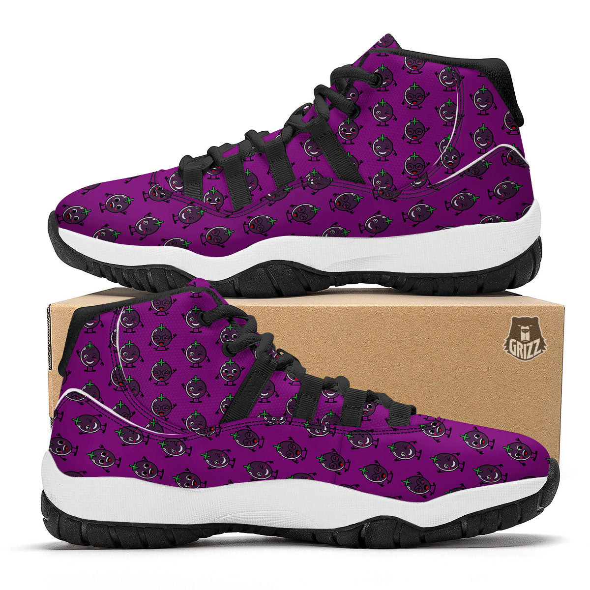 Eggplant Cartoon Print Pattern Black Bball Shoes-grizzshop