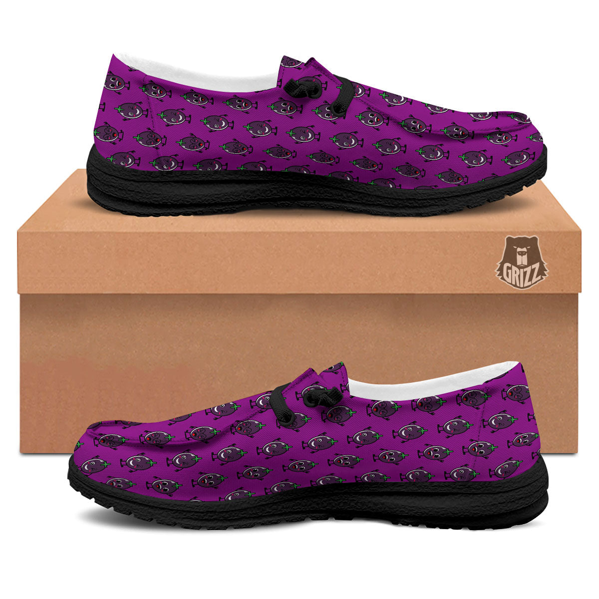 Eggplant Cartoon Print Pattern Black Loafers-grizzshop